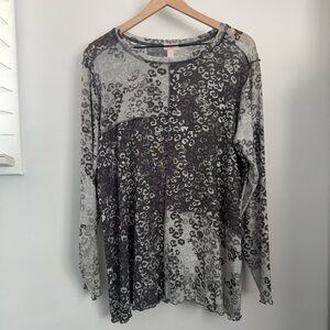 Lori Goldstein Layers 1X Mesh Long Sleeve Tunic Top Leopard Print Grey Charcoal